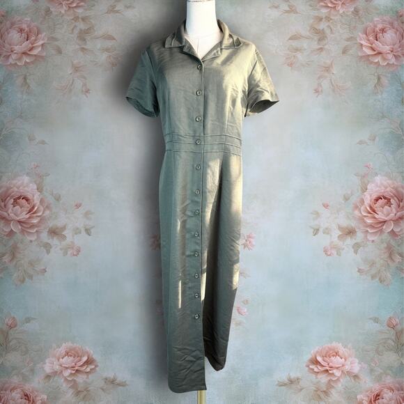 Vintage Robbie Bee Olive Green Short Sleeve Button Up Midi Shirt Dress - Picture 1 of 6